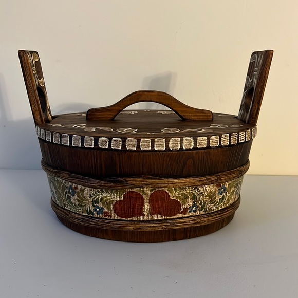 Unique Vintage Hand Painted Rustic Wooden Covered Pot - Made in Finland - Picture 1 of 8